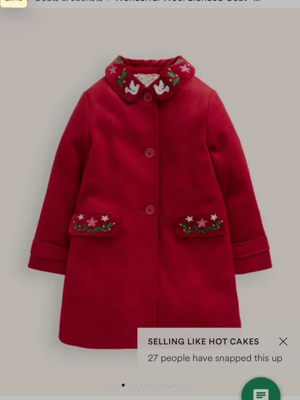 BODEN- Girls' Red Embroidered Collar Wool Coat